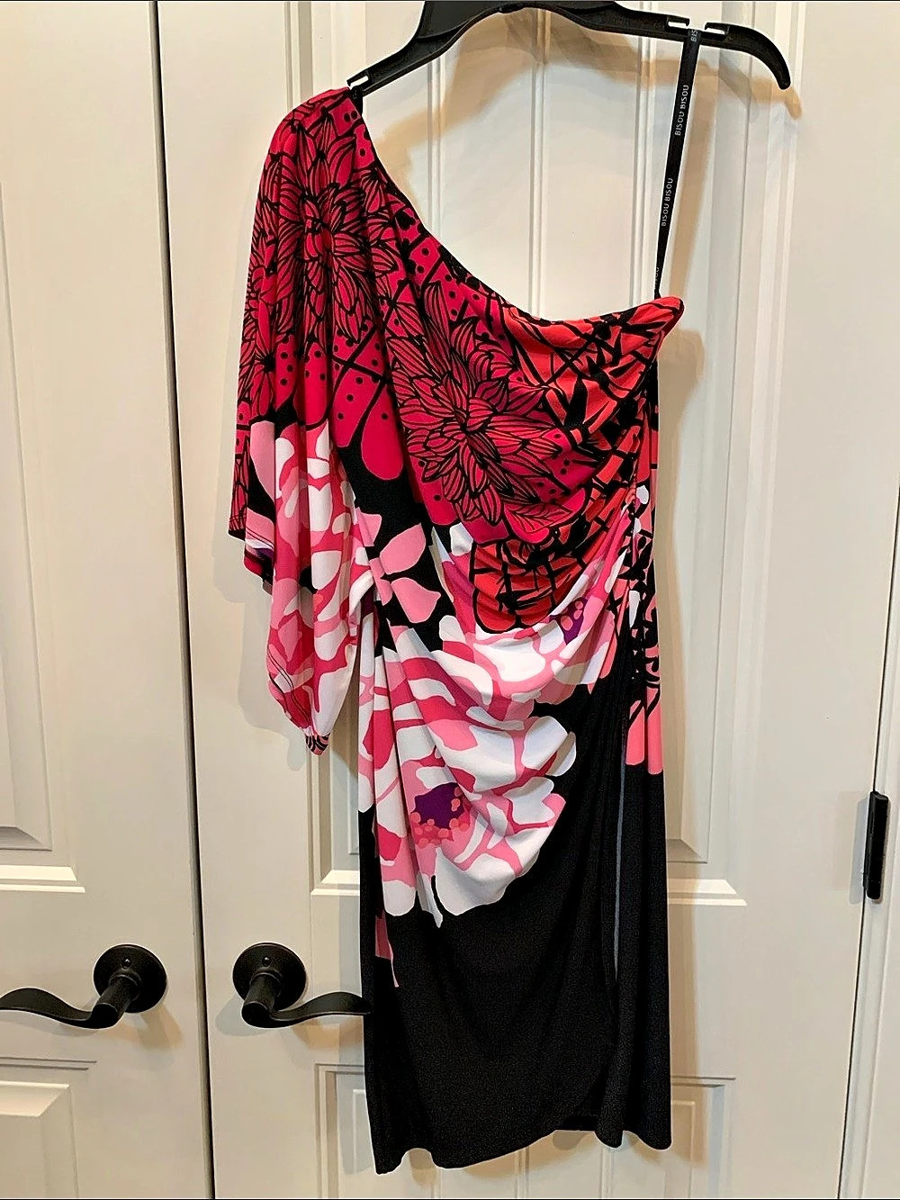 Bisou Michele Bohbot One Shoulder Floral Ruched Dress Pink & Black Size 4
